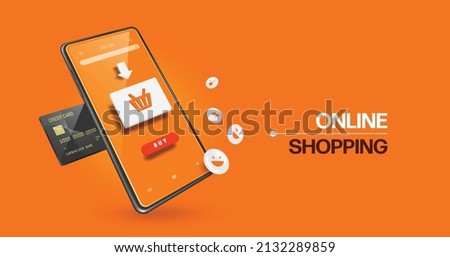 Arrow points to shopping cart icon to confirm the purchase and a smile icon floats on front of the smartphone and a black credit card is inserted next to it to pay,vector 3d for online shopping design Foto d'archivio © 