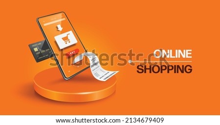 Receipt paper flowed from smartphone screen after inserting the black credit card next to it. And on the screen there is also a buy icon and a shopping cart icon. all place on orange round podium