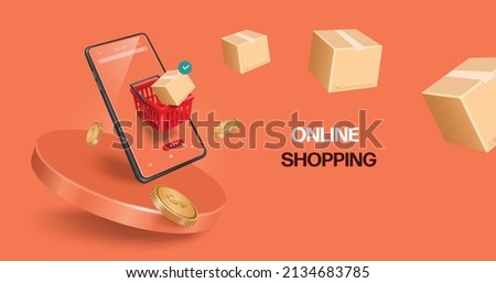 Parcel box floated from the shopping basket in front of the smartphone and all floating on a round podium for delivery and online shopping concept design,vector 3d isolated on pastel orange backgroud