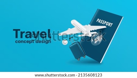 airplane and luggage or baggage floated in front of the passport for air transport media and tourism during high season, vector 3d isolated on blue background for travel transport advertising design