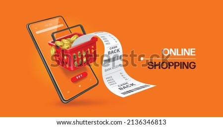 The gold coins were lined up in a red shopping basket and the receipt paper flow out and all floating on the smartphone screen to forward the cash back promotion,vector 3d isolated for onlne shopping