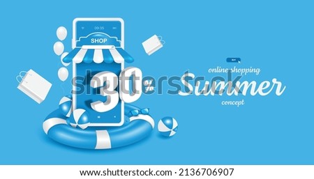 30% off 3d text on smartphone shop screens. and all object on the lifebuoy And there was a volleyball next to it for online shopping summer sale concept design,vector 3d isolated on blue background