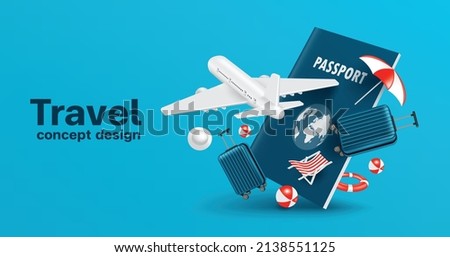 Airplane flying in front of the passport and there was a suitcase with beach lounging gear floating beside it for travel summer concept design,vector 3d isolated for air freight and travel advertising Сток-фото © 