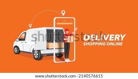 delivery man Standing holding a parcel box and waving to customer behind delivery truck and in front of the smartphone,vector 3d isolated on orange background for online shopping and delivery concept