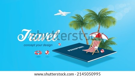 Beach chairs and umbrellas spread out. and all are placed on  passport and behind them were two coconut trees and the soft sunlight shining down,vector 3d for summer travel advertising design
