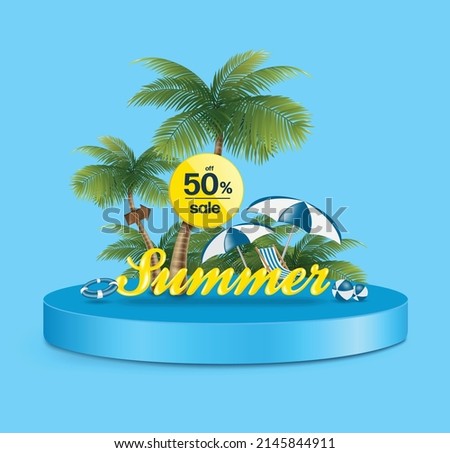 Yellow 50% off sign hangs with a coconut tree and on the front it reads Summer 3D and is all placed on a blue round podium,vector for discount promotion and summer sale concept design