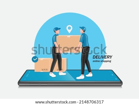 Two male couriers in uniforms Help to lift parcel boxes to deliver to customers and standing on a smartphone,vector 3d isolated on white background for online shopping and delivery concept design