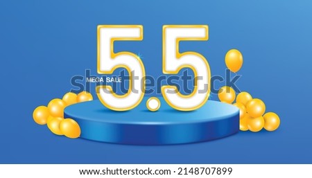5.5 3D text placed on a blue circular podium. and around there are yellow balloons,vector for maga sale promotion design for the fifth day of the fifth month