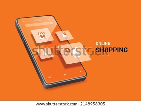 Online shopping icons pop up on the smartphone screen for making advertisements on online shopping application platforms,vector 3d isolated on orange background for promotion sale design