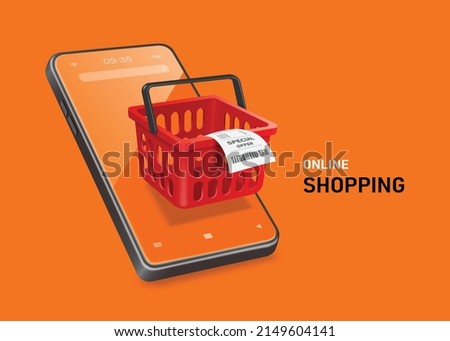 The receipt was draped over a red shopping cart and all floated on the smartphone screen,vector 3d isolated on orange background for online shopping advertising promotion sale concept design