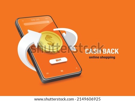 One dollar coin is on the smartphone screen and a white arrow revolves around it for making advertising media promotions cash back,vector 3d isolated on orange background for online shopping concept Foto d'archivio © 