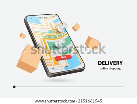 Pin on GPS map located on smartphone screen and pinned down in various places where parcels will be delivered to customers and there were boxs floating around,vector for delivery and online shopping