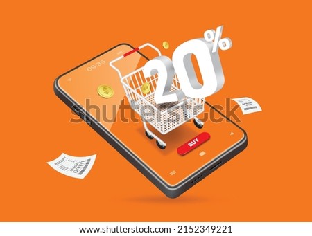 20% off text place to shopping cart and all on the smartphone And there were gold coins and receipt floating around,vector 3d isolated on orange background for online shopping promotion discount