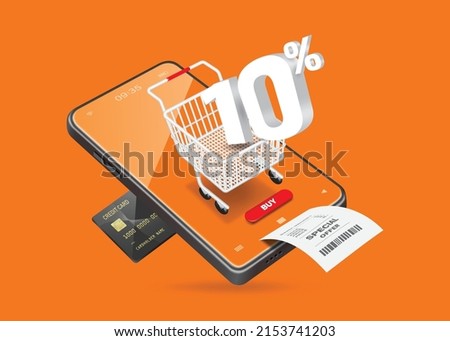 The 10% off text in the shopping cart is displayed on the smartphone screen after inserting a credit card for payment,vector 3d isolated on orange background for online shopping promotion design