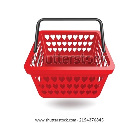 A red shopping basket empty front view with a heart shaped stencil floating on a white background,vector 3d isolated virtual for shopping advertising promotion sale design