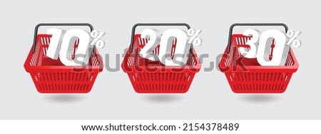 10%,20%,30% discount text, white in red shopping basket,vector 3d virtual isolated on white background for shopping promotion advertising concept design.