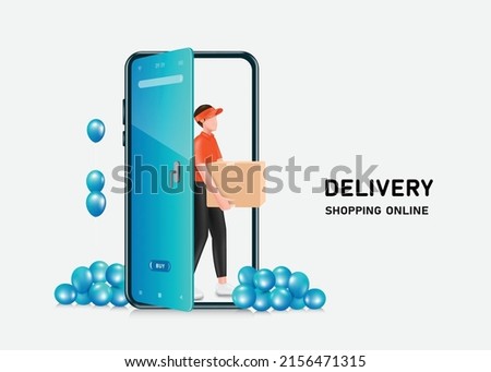 Male courier in an orange uniform holds parcel box and opens a smartphone door to deliver deliveries to customers homes,vector 3d isolated on white background for online shopping and delivery concept