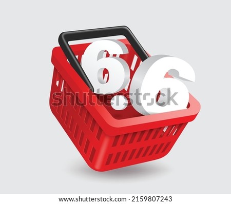 promotion advertisement ,white 6.6 text place in red shopping basket for promotion MEGA SALE sixth day sixth month, vector 3d isolated on white background for shopping advertising design