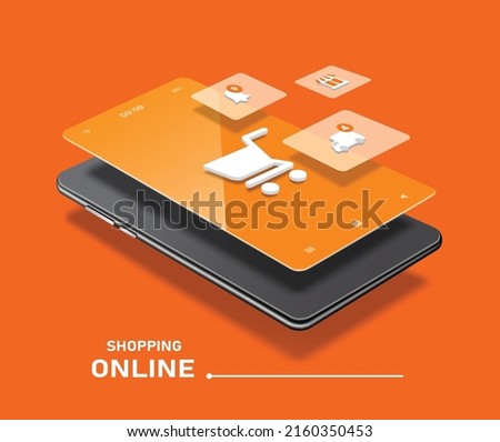 Store,order notification,shipping icons and shopping cart icons pop up on the smartphone screen,vector 3d isolated on orange background for 
online shopping advertising concept design