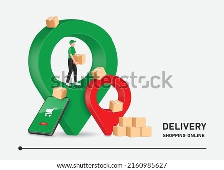 Delivery man in uniform is standing and lifting a parcel box on a pin location And there's smartphone with shopping cart icon on screen leaning against a green pin for delivery and online shopping