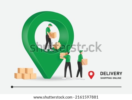 Several couriers dressed in green uniforms are helping deliver parcels to customers at pin locations,vector character 3d isolated on white background for delivery and transportation concept design