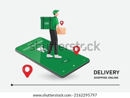 Food delivery man in green is carrying a backpack for food in the back and holding a parcel box in hand and he was standing on a smartphone screen,vector character 3d for online shopping and delivery