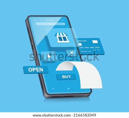 store icon,notification bell, and add to cart Pop-up pops up on the smartphone screen after inserting a credit card along with a receipt flowing out,vector 3d isolated for online shopping concept 