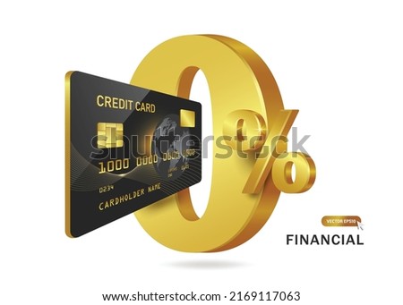 Gold rim black credit card pops out front text 0% gold for 0% interest promotion advertising design,vector 3d isolated on white background for financial concept design
