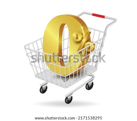 0% gold text in metal shopping cart and all object floating on the air,vector 3d isolated on white background for promotional advertisements 0% interest is charged