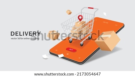 Several parcel boxes are placed in shopping cart and floating in air around and has pin in middle and all objects on smartphone,vector 3d isolated on white background for delivery and online shopping
