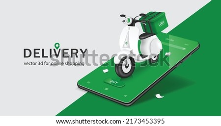 Green food bag or box is placed on white motorcycle or scooter. and all on smartphone with green screen and receipt paper fell all around,vector 3d isolated for food delivery,online shopping concept