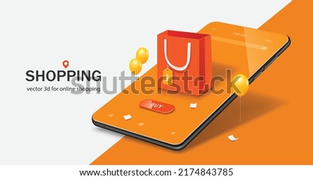 Orange shopping bag pop up on smartphone screen with buy button icon and there were yellow balloons floating around,vector 3d on white orange background for delivery and online shopping concept