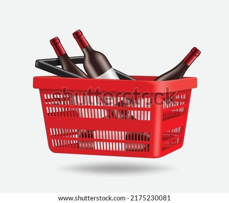 Several bottles of wine are in a red shopping cart for designing promotional sales of alcoholic beverages or intoxicating beverages,vector 3d isolated on white background for food and drink concept