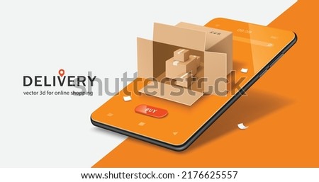 Several small brown parcel boxes were stacked on top of each other and all of them were placed in one big parcel box and all place on smartphone,vector3d for online shopping,delivery,transport concept