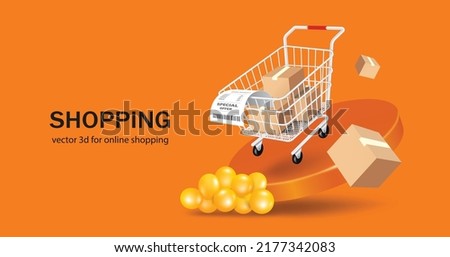 Place receipt paper on the edge of a shopping cart with multiple parcel boxes and all floating in mid-air above round podium,vector 3d isolated on orange background for shopping promotion sale design