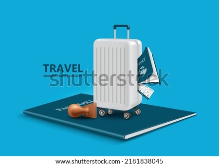 Luggage with plane tickets and passports sticking out of bag and immigration police rubber stamps are placed on large passports,vector 3d isplated on blue background for summer travel concept design