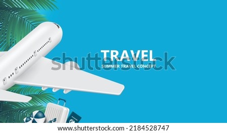 Airplane,luggage,passport and volleyball with coconut trees in background and all on left edge and leave blank space in middle for advertisements text about summer travel,vector 3d for summer concept