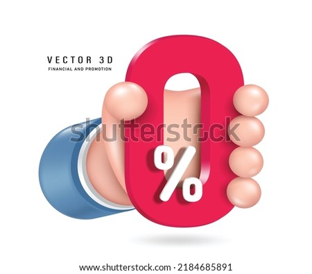 Hand holding  0% red text 3d vector 3d isolated on white background cute minimalist style for advertisements about tax promotions or 0% interest reductions,zero percent for business and finance