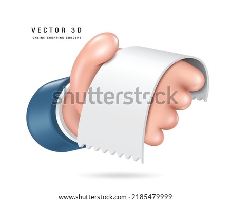 Cashier's left hand is handing you a paper receipt or tax invoice,vector 3d isolated on white background with minimalist style cute cartoon style for business and online shopping advertising design