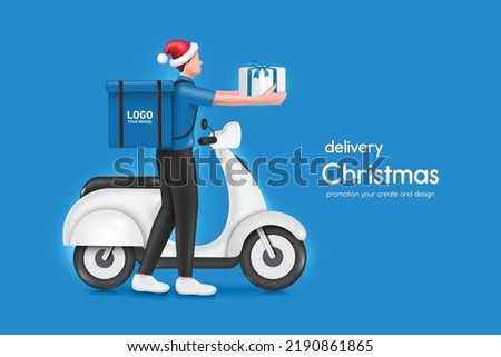 Food delivery man wore a red Santa Claus hat and carried a backpack of food on his back. and handing the gift box to the customer There is a scooter or motorcycle parked in the back,vector 3d