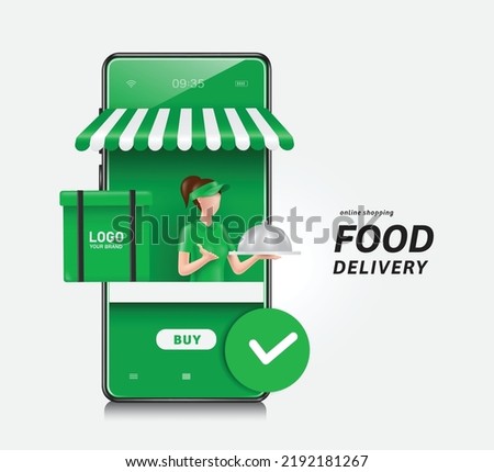 female food salesman holding food with cover on it and square food bag on side is placed for food delivery man and all are in front of the smartphone store,vector 3d for delivery and online shopping