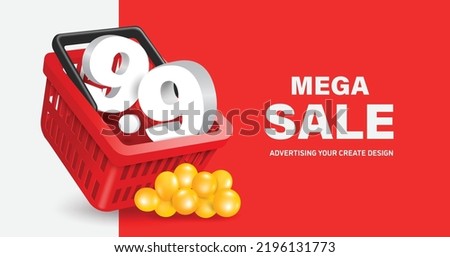 White 9.9 Place text in a red shopping cart with a yellow balloons in front of it for promotion MEGA SALE day seven month seven,vector 3d isolated on white background for shopping ad design