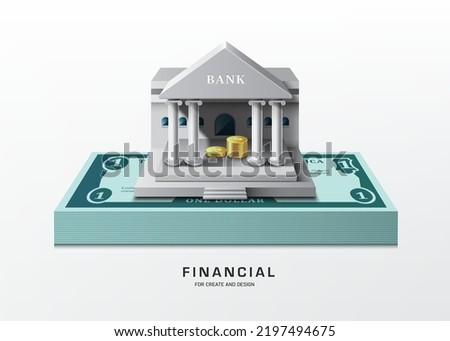 Model bank building with gold or dollar coins inside and all of them were placed on top of several dollar bills stacked on top of each other,vector 3d isolated on white background for finance  concept