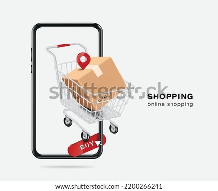 brown parcel box placed in shopping cart And there is a pin for delivery location on top and there is a buy icon below And all objects are popped in front of  smartphone,vector 3d for online shopping 