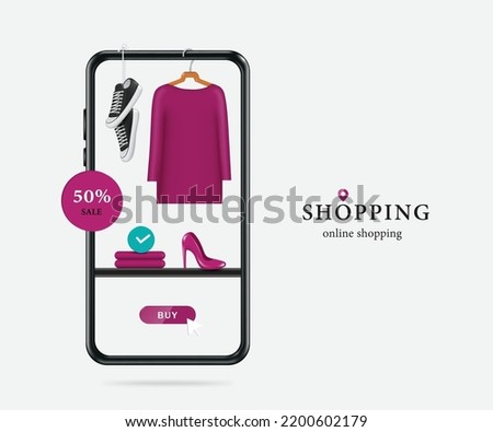 Black sneakers and a purple shirt hang from the edge of smartphone and folded cloth and high heels on the shelf Next to it is a 50% off tag,vector 3d isolated for delivery and online shopping concept