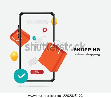 orange shopping bag,cart icon,pin,buy icon and order confirmation icon Pops are on smartphone screen,vector 3d isolated on white backgroud for delivery and online shopping advertising concept design