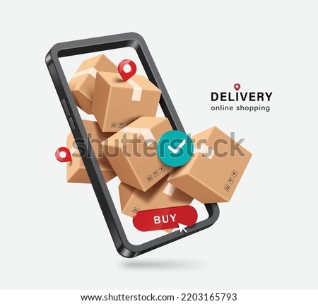Parcel boxes were packed tightly inside smartphone and were overflowing to convey promotional period that customers order in online platform on smartphone,vector 3d for delivery and online shopping