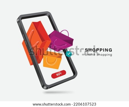 purple,orange,yellow shopping bag and buy icon floating on smartphone screen,vector 3d isolated on white background for delivery and online shopping concept design,vector for advertising design