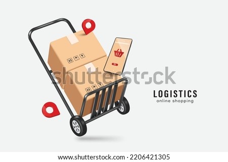 Parcel boxes are stacked on top of each other on cart and have pegs to place deliveries to customer and there smartphone with shopping basket icon on screen floating in front,vector 3d for logistics
