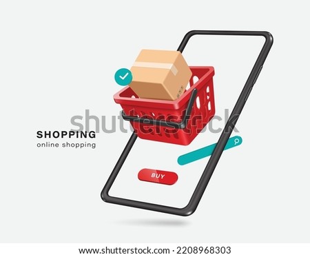 Parcel box and order confirmation icon are placed in red shopping cart and they are all displayed on smartphone screen,vector 3d isolated on white background for delivery and online shopping design
